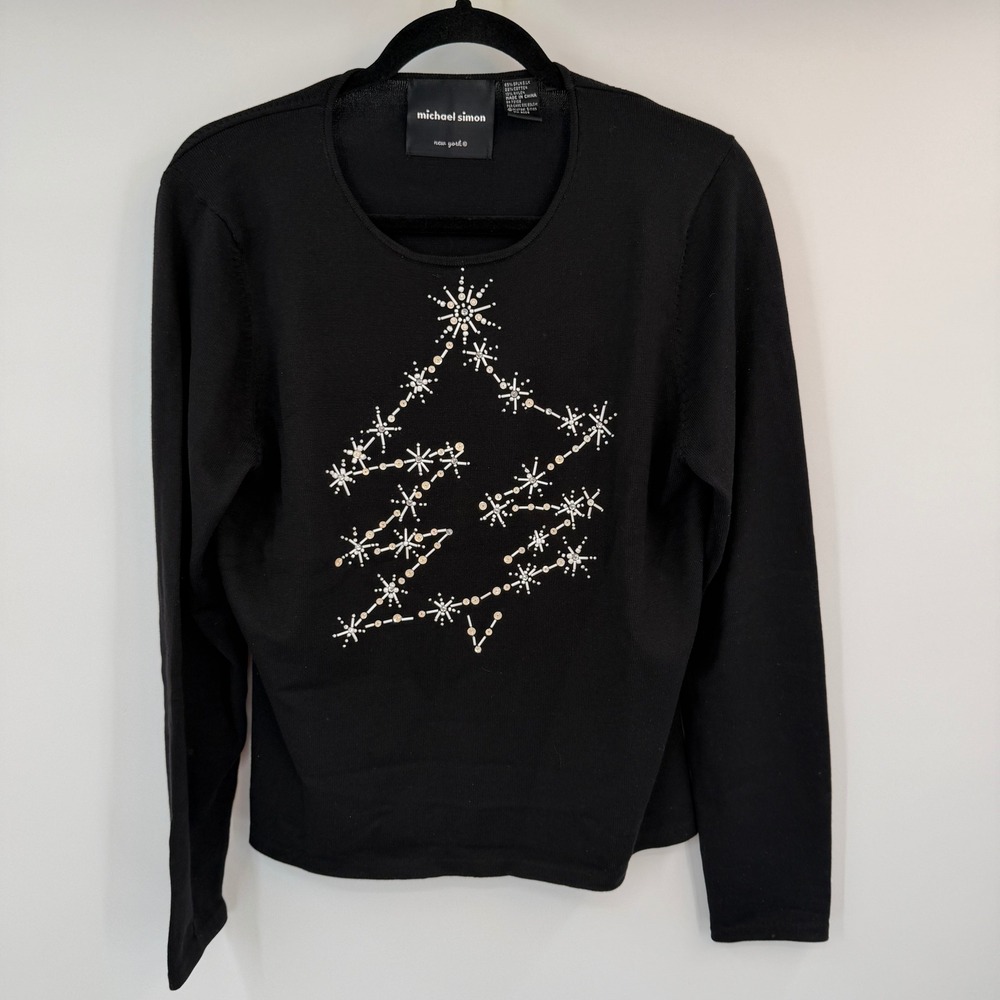 Michael Simon Silk Blend Beaded Christmas Tree Sweater Black Women Large